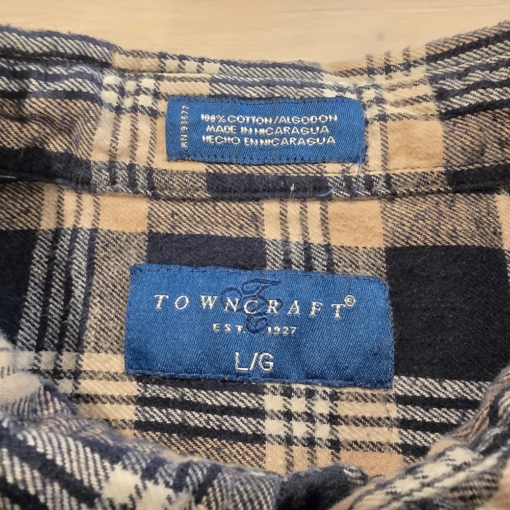 Towncraft Flannel Shirt Navy Plaid Button Down 100% Cotton Men’S Large Layer. - Picture 7 of 11